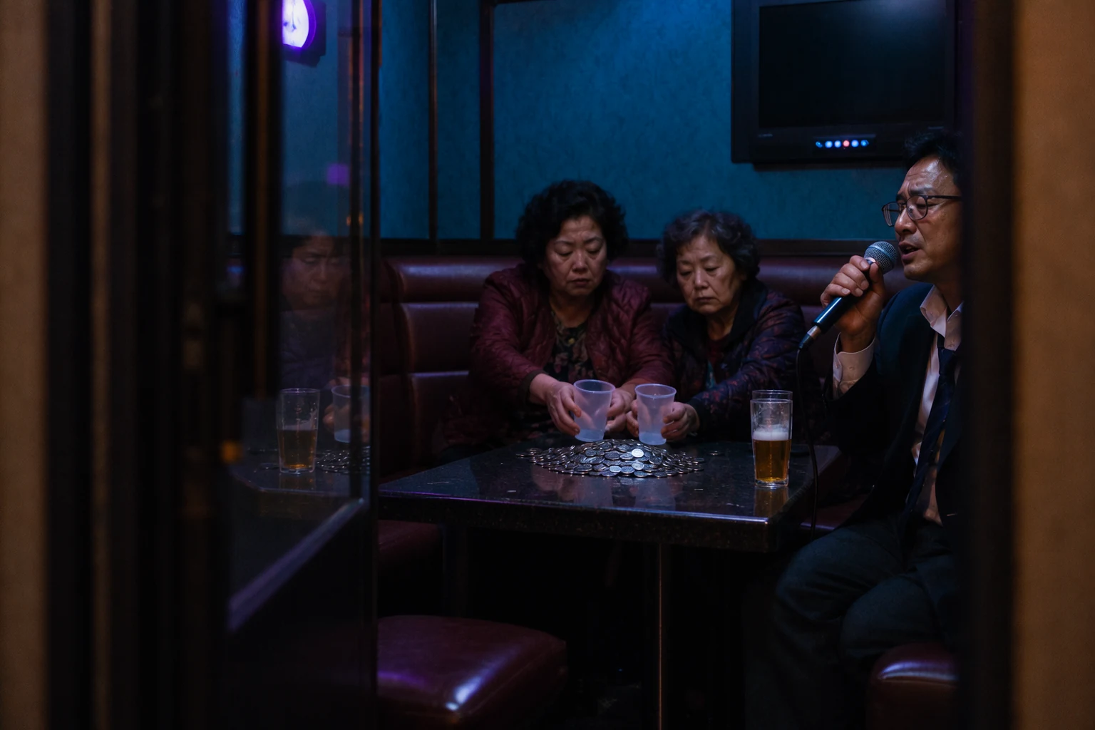 In a cramped karaoke booth in Osaka at four in the morning, a middle-aged salaryman with a loosened tie sings into a microphone with his eyes shut, while two unimpressed women in their sixties in quilted jackets sit on the vinyl sofa dividing a heap of metal tokens into plastic cups. Sticky low table, sweating beer glasses, the switched-off screen reflecting the room. Shot from the corridor through the narrow window in the door, the room cropped tightly by the dark doorframe.