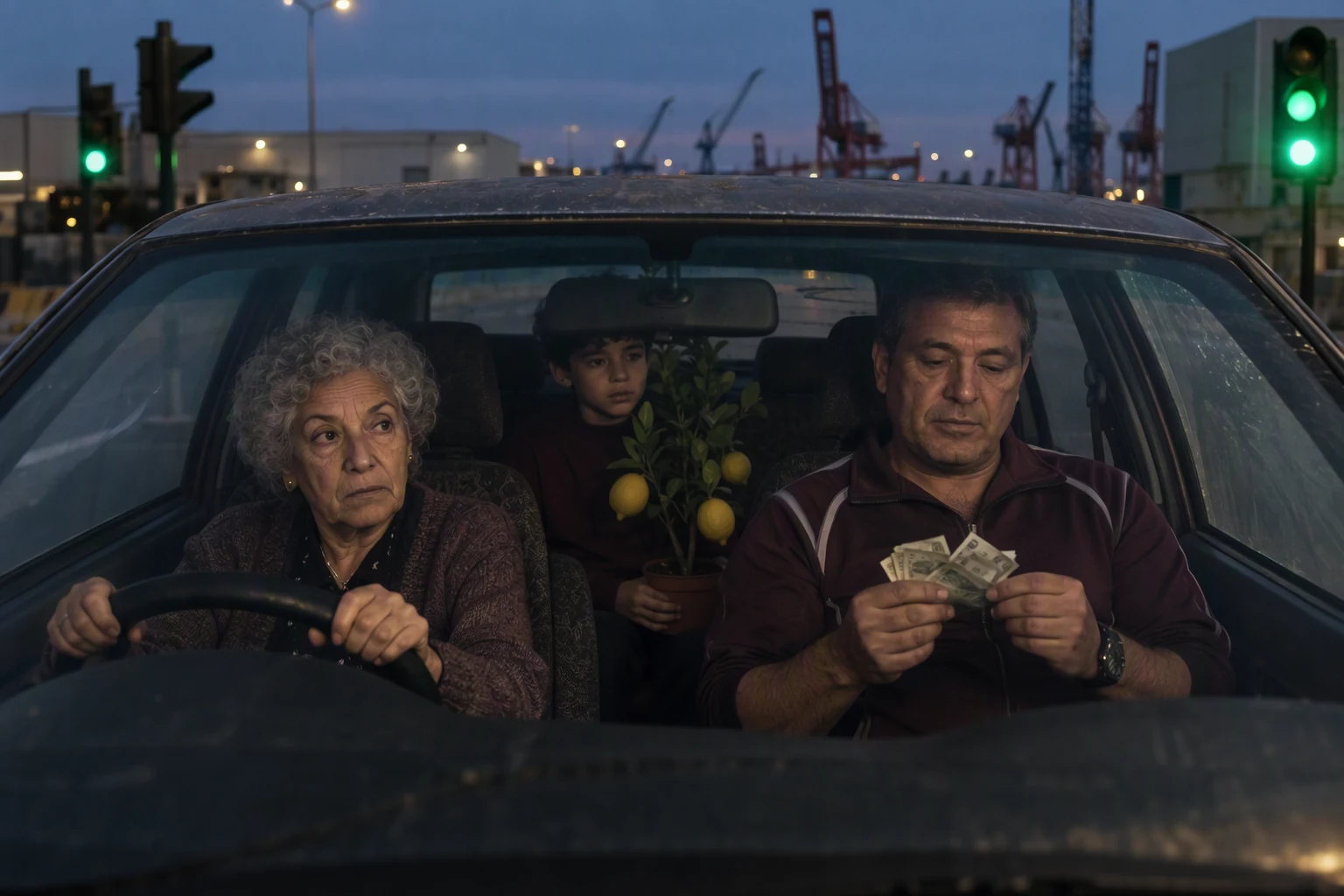 A driving-school car stalled at a green light on an empty industrial road in Marseille at dawn: a nervous seventy-year-old Algerian woman grips the wheel with both hands while her instructor, a burly man in a zip-up tracksuit top, calmly counts banknotes from an envelope in the passenger seat. In the back, a silent boy of about ten holds a potted lemon tree. Shot from the bonnet through the windscreen, dawn sky and harbour cranes reflected on the glass.