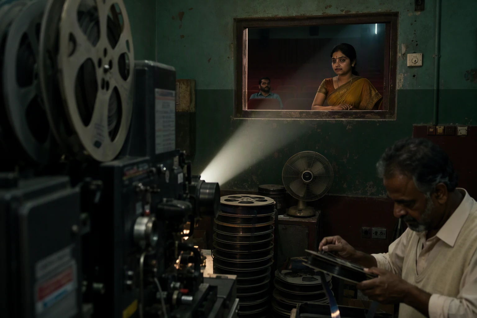 In the projection booth of a shuttered single-screen cinema in Mumbai, an elderly projectionist in a white vest threads a film reel by hand, while a young woman in a sari stands at the small porthole looking down into the auditorium, where a single man sits in the front row. The projector beam cuts through floating dust; stacked film cans, a rattling table fan, peeling green walls. Shot from behind the projector, its beam crossing the frame, the woman a soft silhouette at the porthole.