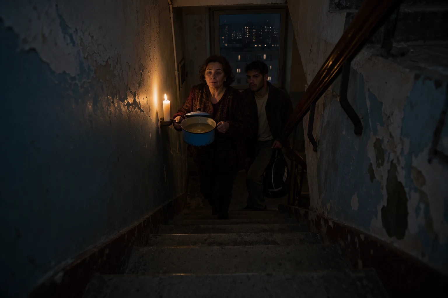 During a power cut in a Bucharest apartment block, a middle-aged woman climbs the stairwell carrying a candle and a pot of soup, as a young man with a sports bag who has been sitting in the dark on the landing stands to let her pass. Peeling paint, concrete steps, a window showing a city with all its lights out. Shot from the ground floor straight up the stairwell spiral, candlelight the only source.
