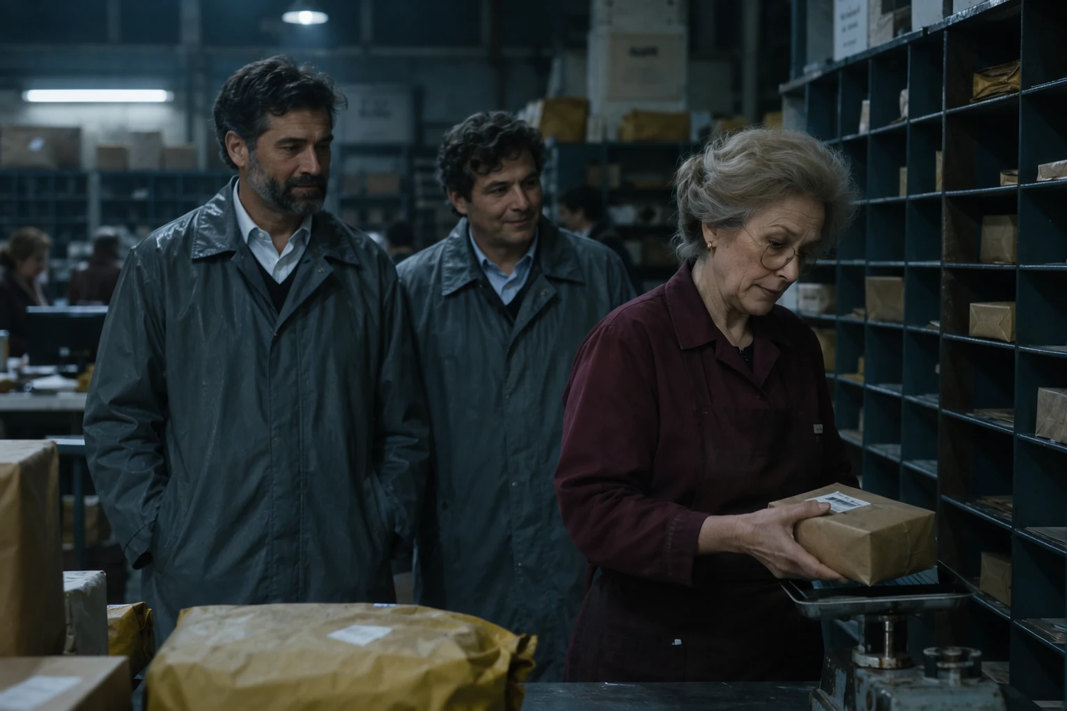 In a night sorting office in Lyon, a postal worker in her sixties weighs a small brown parcel on old scales with exaggerated care, while two men in identical grey raincoats stand just behind her, far too politely. A wall of pigeonholes, canvas mail sacks, roller conveyors, one fluorescent tube flickering. Shot through the grid of pigeonholes, the faces framed in separate cubbies.