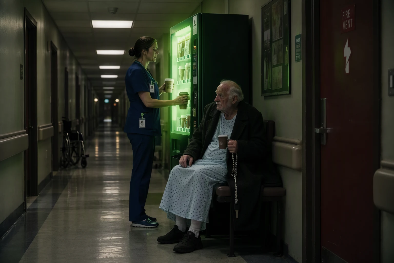 In a hospital corridor in Montreal at two in the morning, a tired nurse in her fifties buys two coffees from a vending machine, while an elderly man in a hospital gown and a borrowed overcoat sits on the bench beside her holding a car key on a long chain. Polished linoleum, an empty wheelchair, a fire door. Shot straight down the long corridor, the vending machine glow pooling around them.