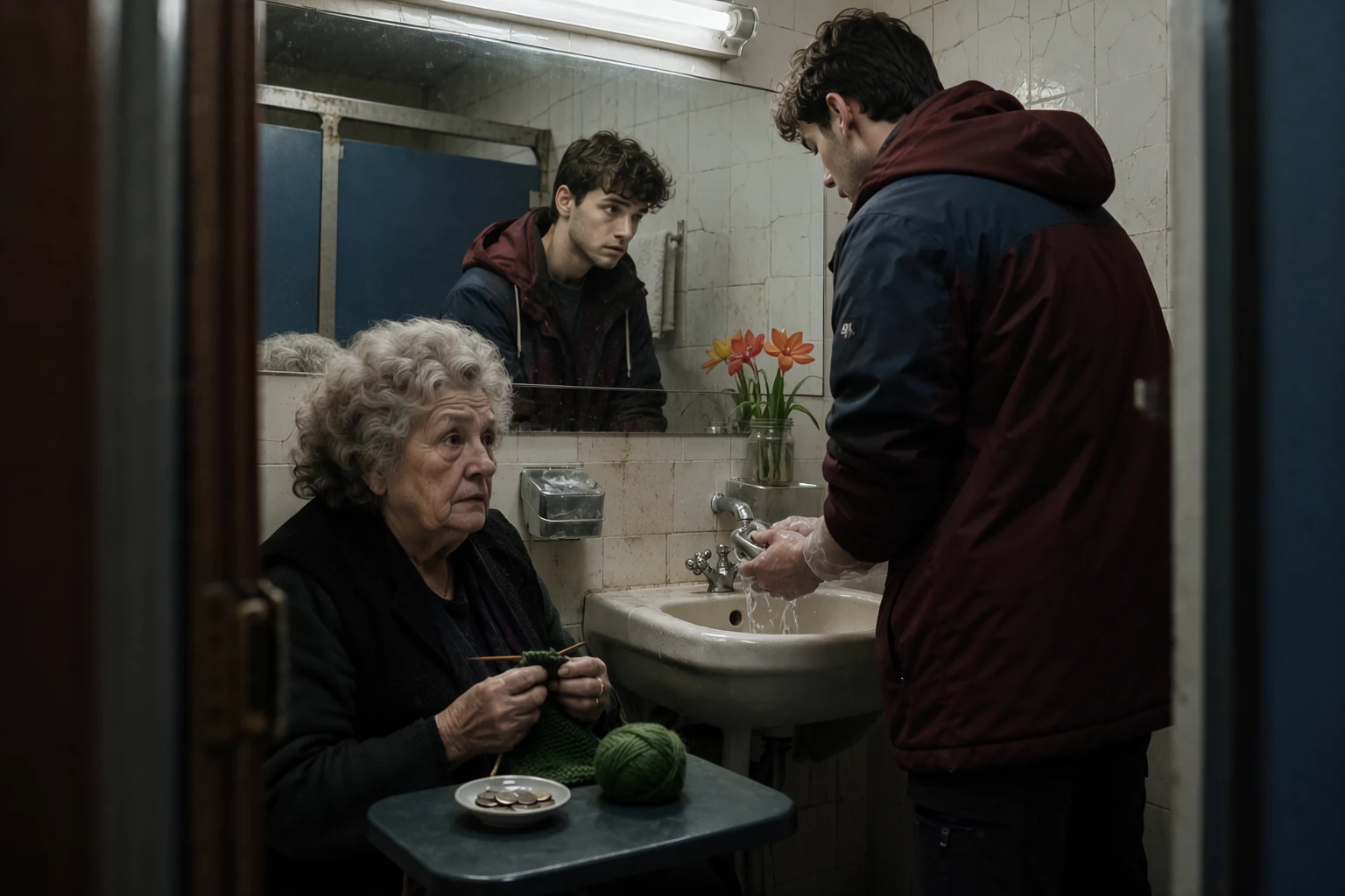 In a tiled public toilet beneath a Sofia underpass, a formidable attendant in her seventies sits at a little table with a saucer of coins and her knitting, while a young man in a ski jacket washes something small and metallic at the sink, glancing at her in the mirror. Cracked white tiles, a buzzing tube light, a plastic flower in a jar. Shot from the doorway, the mirror reflecting his face.