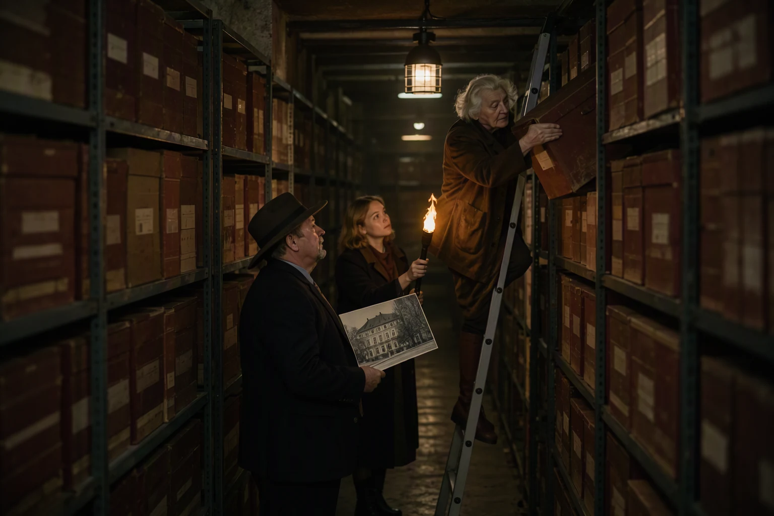 In the basement records archive of a city hall in Vilnius, an elderly archivist on a rolling ladder pulls down a dusty box, while a middle-aged man in a hat waits below holding a photograph of a building and a young assistant keeps a torch beam steady. Endless metal shelving receding into darkness, a single caged lamp. Shot from the far end of the aisle, the shelves forming deep perspective lines.