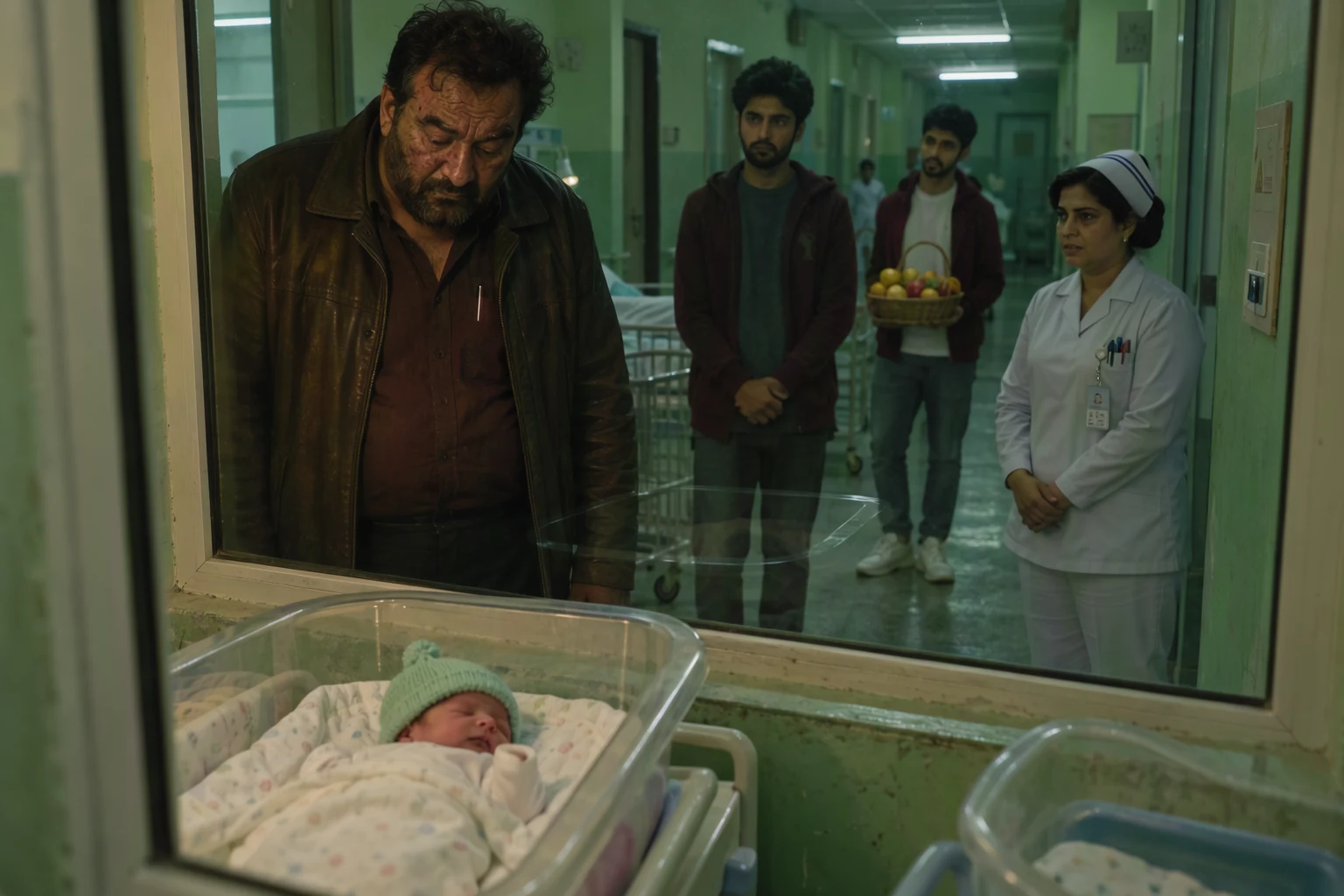 At the nursery window of a maternity ward in Karachi at night, a scarred, heavyset man in an old leather jacket stands with his forehead against the glass looking at a newborn, while behind him two young men in sneakers wait respectfully with a basket of fruit and a nurse in her fifties watches suspiciously. Fluorescent hallway, plastic bassinets, green-painted walls. Shot from inside the nursery through the glass, the men framed by the window.