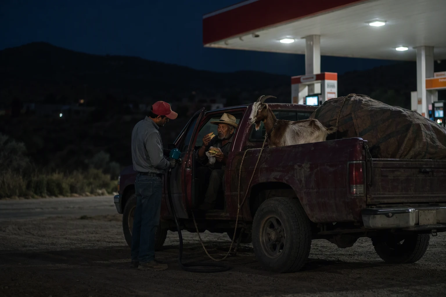 At a petrol station on the outskirts of Monterrey at two in the morning, a young attendant in a cap fills a battered pickup while its driver, an elderly rancher in a straw hat, sits in the cab eating a sandwich and a tethered goat watches from the truck bed beside a tarpaulin-covered load. Canopy lights, insects swirling, dark hills. Shot from the shadowy roadside at a distance, the canopy a bright island in the night.