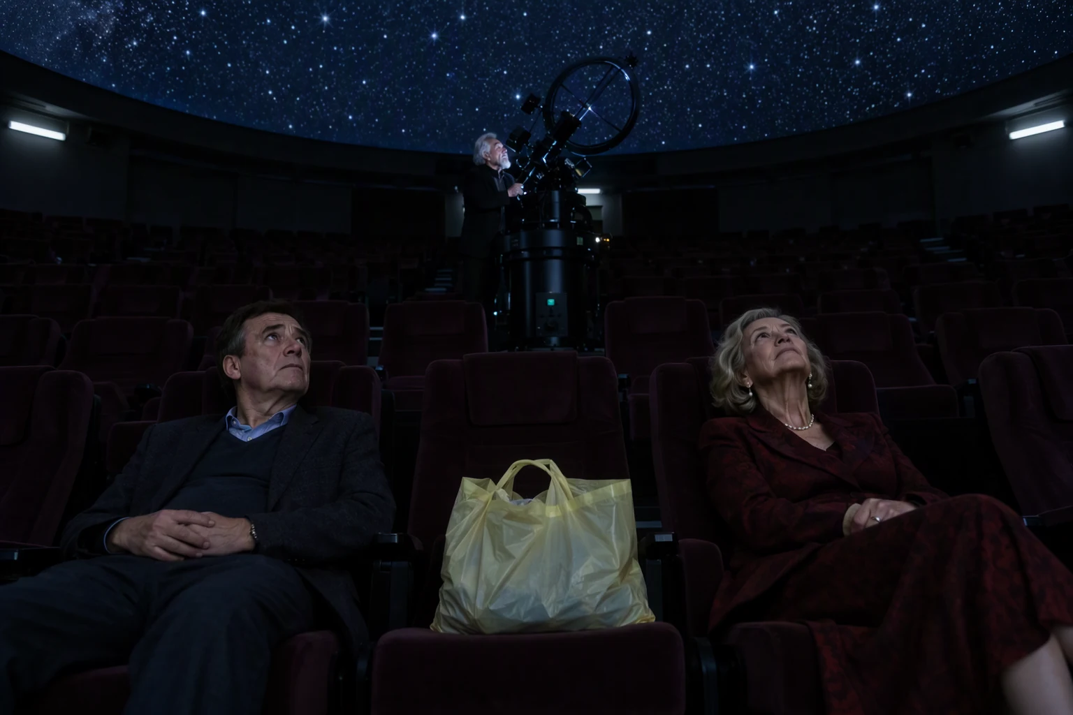 In a darkened planetarium in Prague, an elderly astronomer narrates to an almost empty dome; in the reclining seats, a nervous middle-aged man and an elegant woman in her sixties lie two seats apart staring up at the projected stars, a shopping bag on the seat between them. The star projector machine looms in the centre. High shot from the rim of the dome looking down on the ring of seats, faces lit faintly by starlight.